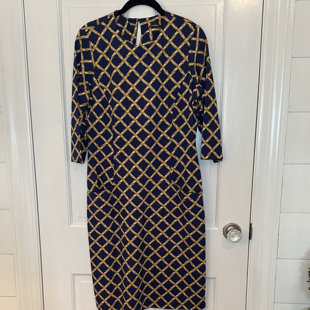 J. McLaughlin Navy/Gold Diamond Pattern Dress size M EUC Pockets‎ 3/4 Sleeve